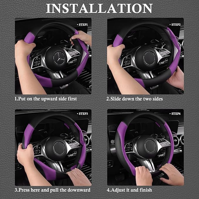 CAR PASS Faux Leather Steering Wheel Cover and Waterproof Car Floor Mats,Universal Car Combo Fit for 95% Sedan,SUV,Cars,14.5-15inch Sporty Anti-Slip Safety Comfortable Design(Black＆Purple)