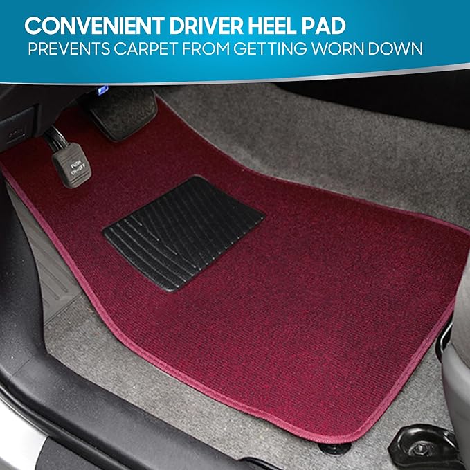 BDK Premium Burgundy Carpet Floor Mats for Cars - Universal Fit Interior 4-Piece Car Mats Full Set with Vinyl Heel Pad Protector - Cute Car Accessories Interior Floor Covers for SUVs & Trucks