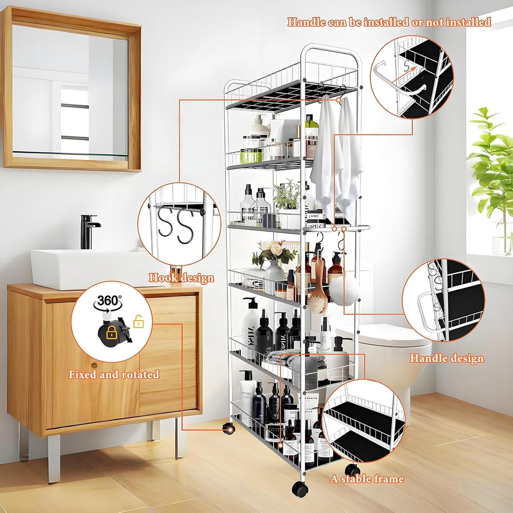 6 Tier 10in Slim Rolling Storage Cart with Handle, White Mobile Shelving Unit with Wheels, Metal Wire Storage Rack with Baskets for Kitchen Bathroom Office Laundry Narrow Piaces