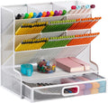 Marbrasse Mesh Desk Organizer - Multi-Functional Pen Holder with Drawer, Desktop Stationary Storage Rack for School, Home, Office, Art Supplies (White Mesh)