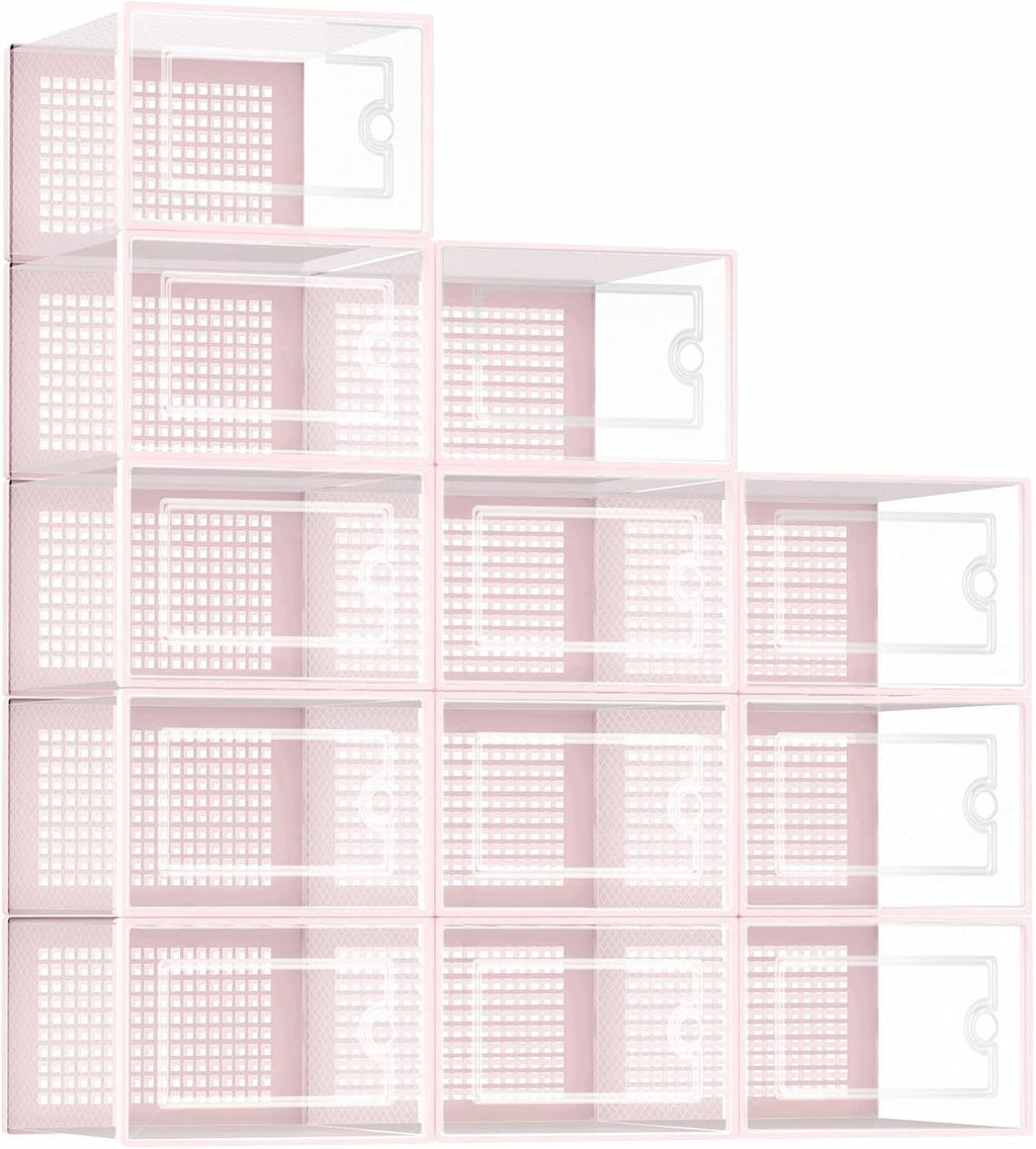 Kuject Shoe Organizers Storage Boxes for Closet, 12 Pack Clear Plastic Stackable Storage Bins with Lids, Under Bed Shoe Containers for Entryway, Drop Front, Fit up to Women's Size 10,Pink