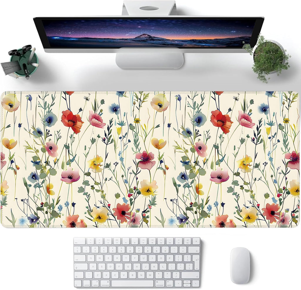 Wild Flowers Large Mouse Pad,Gaming Keyboard Desk Pad,Extended Mouse Mat Non-Slip Rubber Base with Stitched Edges for Office Game Home XXL 35.4"x15.7"