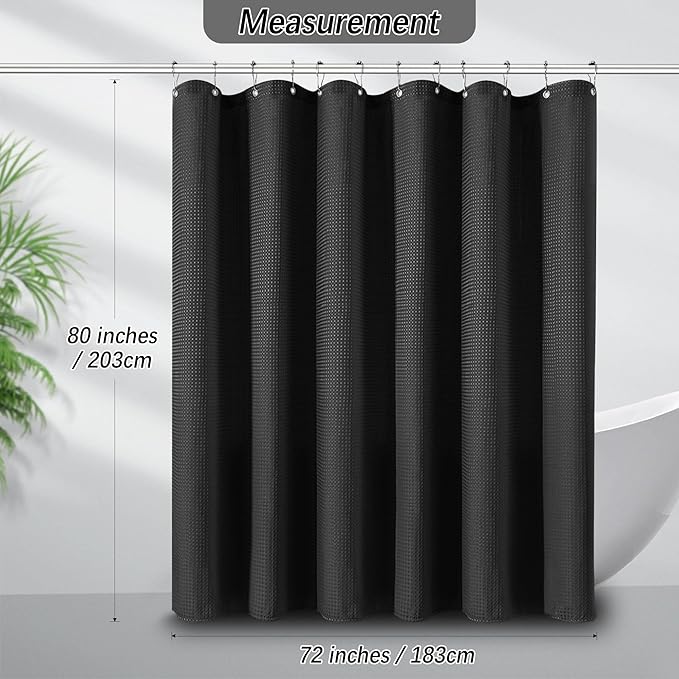PANGSINNE Shower Curtain Black Waffle Textured, 256GSM Heavy Duty Weighted Fabric Shower Curtains, Hotel Quality Luxury Polyester Water Repellent Bathroom Curtain with 12 Hooks, 72Wx80H