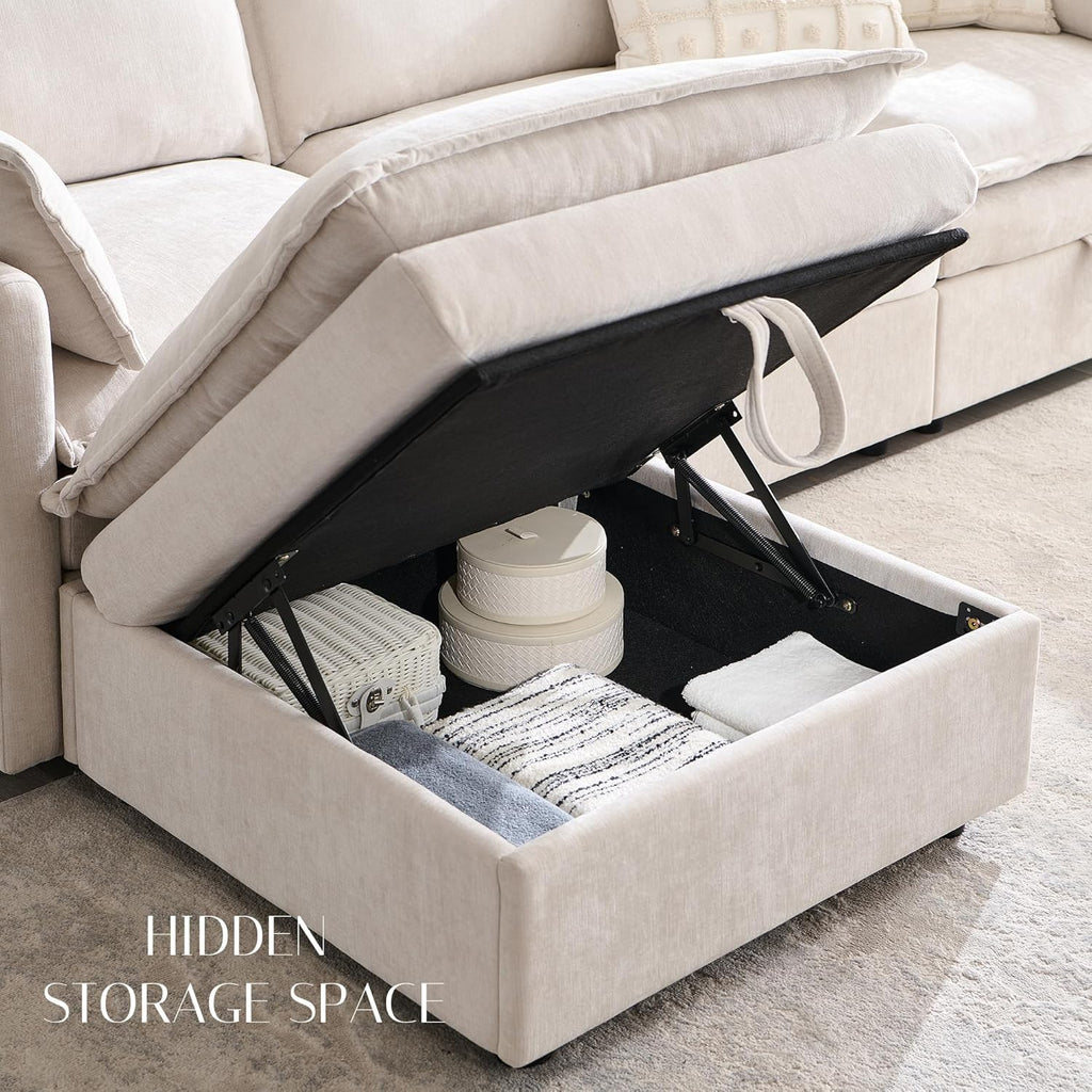 116.54" Sectional Couches for Living Room, Cloud Couch Sectional with Large Storage, U-Shape Modular Sectional Sofa with Ottoman,6 Seater Chenille Sofa with Pillow for Apartment, Bedroom, Beige