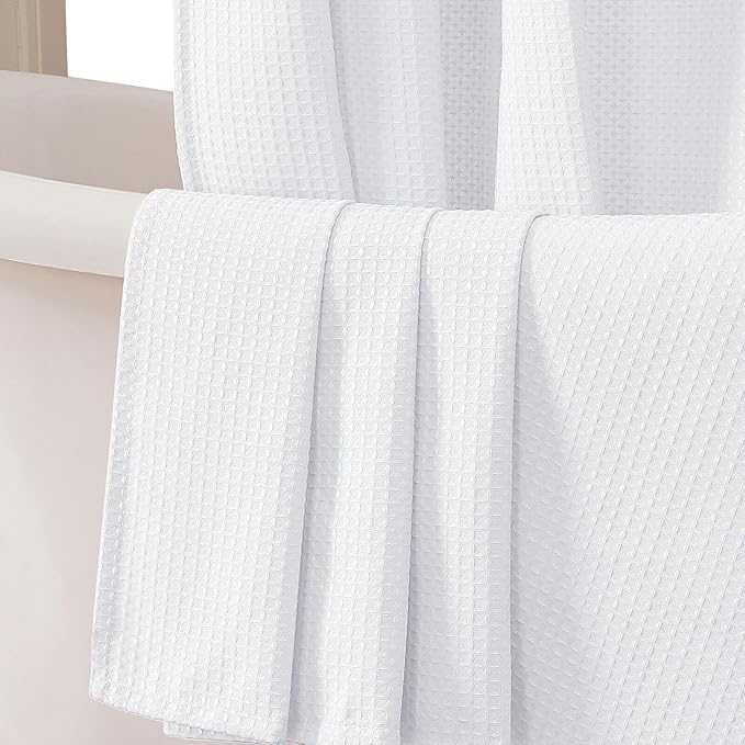 OWENIE White Waffle Weave Fabric Shower Curtain, Textured Heavy Cloth Shower Curtains for Bathroom, Water Repellent Soft Hotel Spa Luxury Elegant Bath Curtain, Machine Washable, White, 72x78 Inch