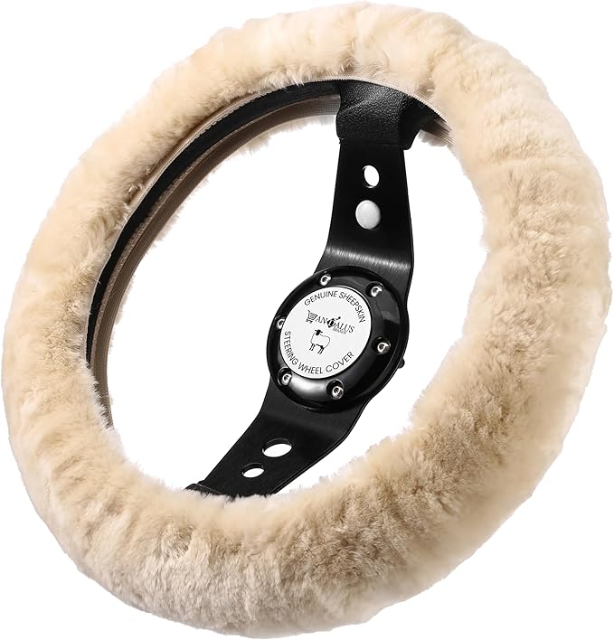 Andalus Brands Luxury Fluffy Car Steering Wheel Covers – Genuine Merino Sheepskin, Soft Fuzzy Car Steering Wheel Cover for Women, Universal 14.5-15" Size, Plush Fur Cute Auto Accessories, Pearl