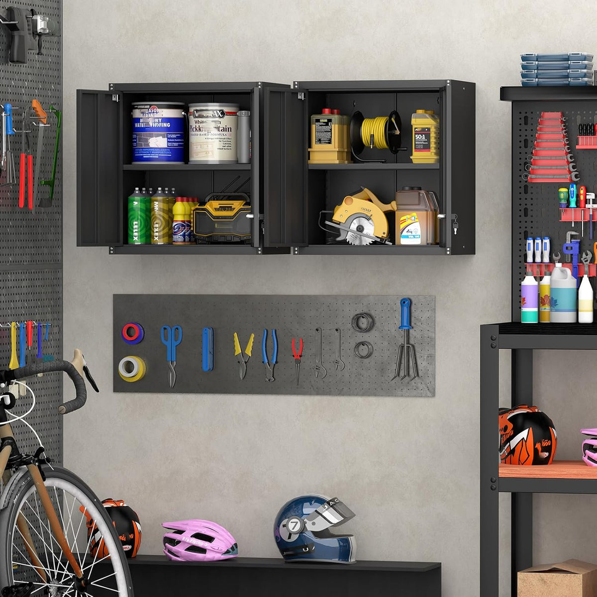 Steel Wall Cabinet, Metal Locking Wall Cabinet, Wall Hanging Metal Cabinet for Garage Tool Storage, Wall Mount Tool Cabinet for Garage, Laundry Room, Pantry, Black