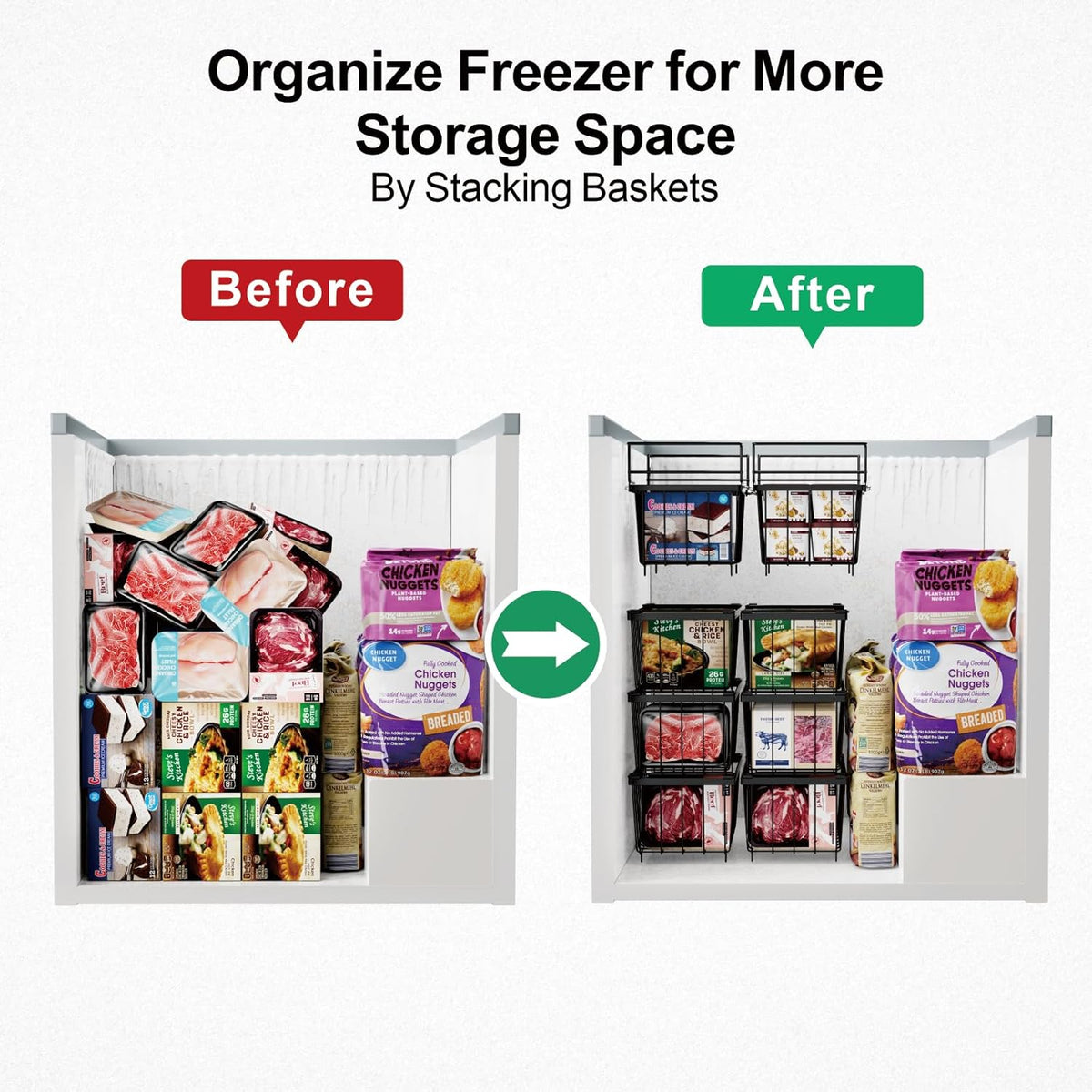 iSPECLE Chest Freezer Organizer Bins 8 Pack - Fit 7 Cu.Ft Deep Freezer, 2 Adjustable Hanging Baskets and 6 Pack Stackable Freezer Bins, Deep Freezer Organizer Bins Sort Frozen Food, Black