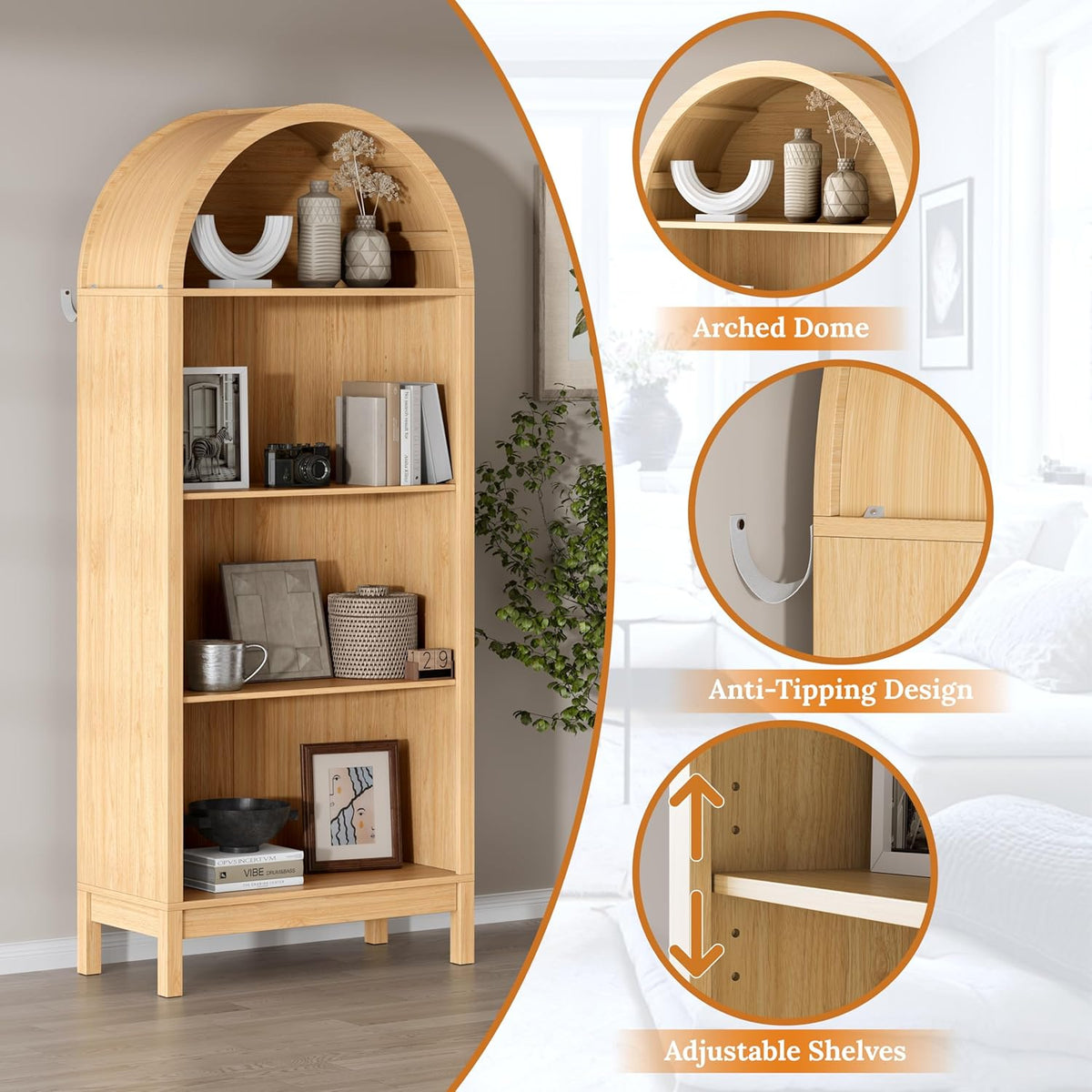 70" Tall Arched Shoe Cabinet, 7-Tier Shoe Rack with 3 Adjustable Shelves, Large Freestanding Shoe Organizer for Entryway, Closet, Hallway, Living Room (Natural Oak)