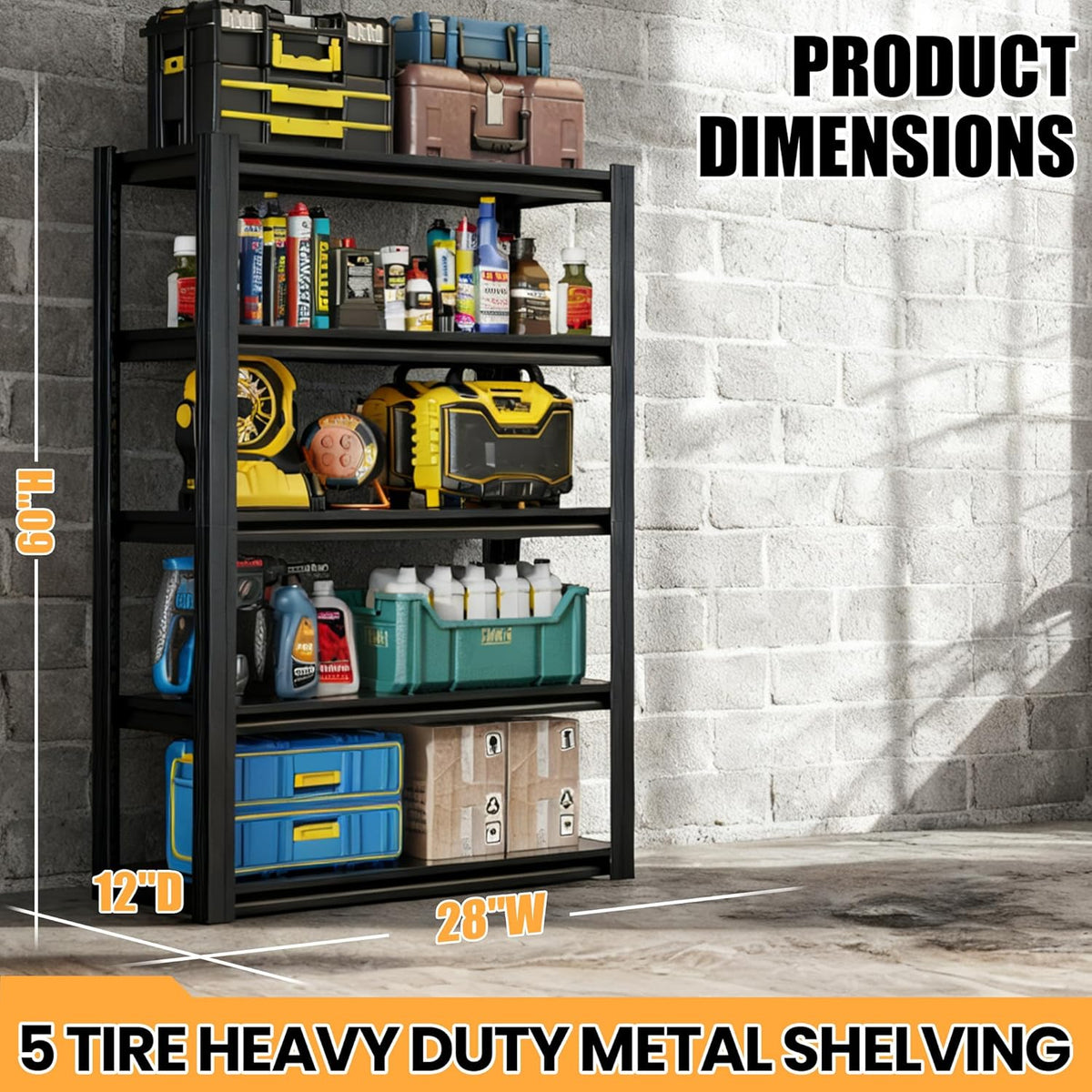 62" H Garage Shelving, Heavy Duty Storage Shelves, Garage Storage Shelves, Adjustable 5 Tier Metal Shelving Unit, Utility Shelves for Warehouse Backyard, 62" H×27.6" W×12" D