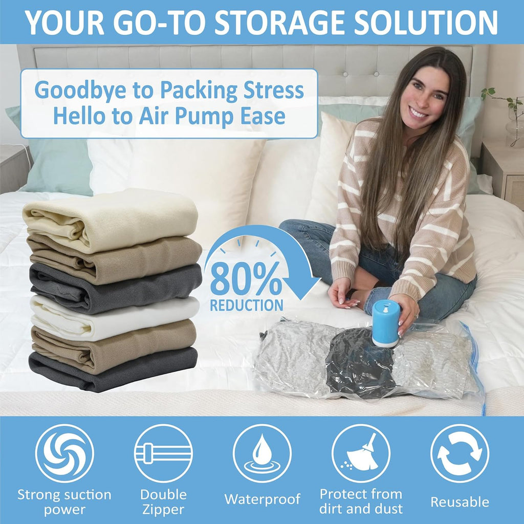 12 Pack Travel Vacuum Storage Bags with Rechargeable Wireless Electric Pump for Luggage, Suitcase, Carry-on Size Vacuum Seal Compression Space Saver Bags for Clothes and Clothing Travel