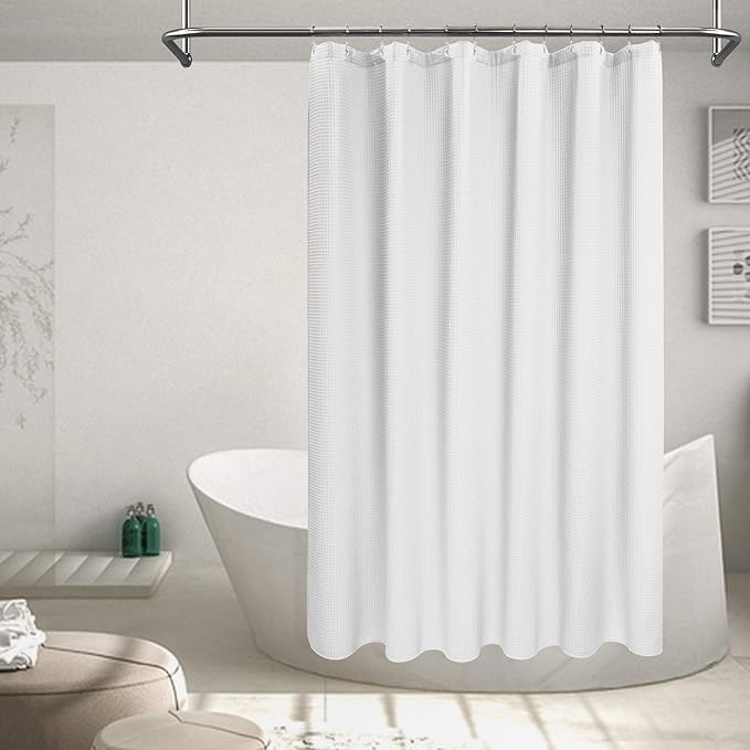 Barossa Design Honeycomb Waffle Weave Shower Curtain Cotton Blend Extra Long 84 inch Height, Hotel Luxury, Heavy Weight, Spa, Washable, White, 72x84 Fabric Shower Curtain for Bathroom