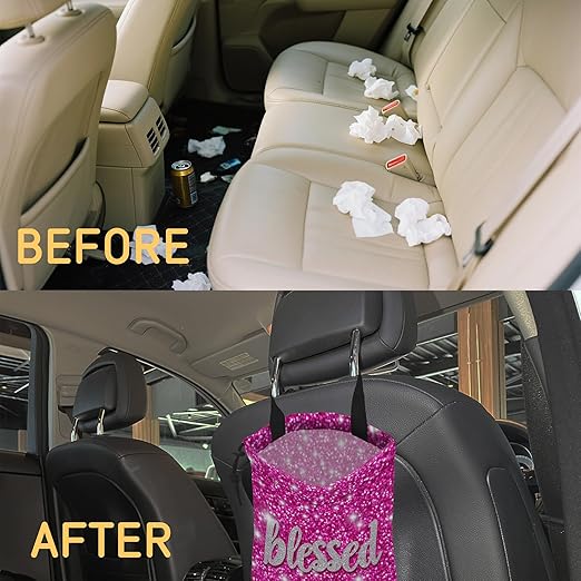Blessed Car Garbage Bag,Pink Glitter Small Car Trash Bag Hanging Back of Seat,Drawstring Car Trash Bag with Adjustable Buckle,Car Accessories for Camping Travelling