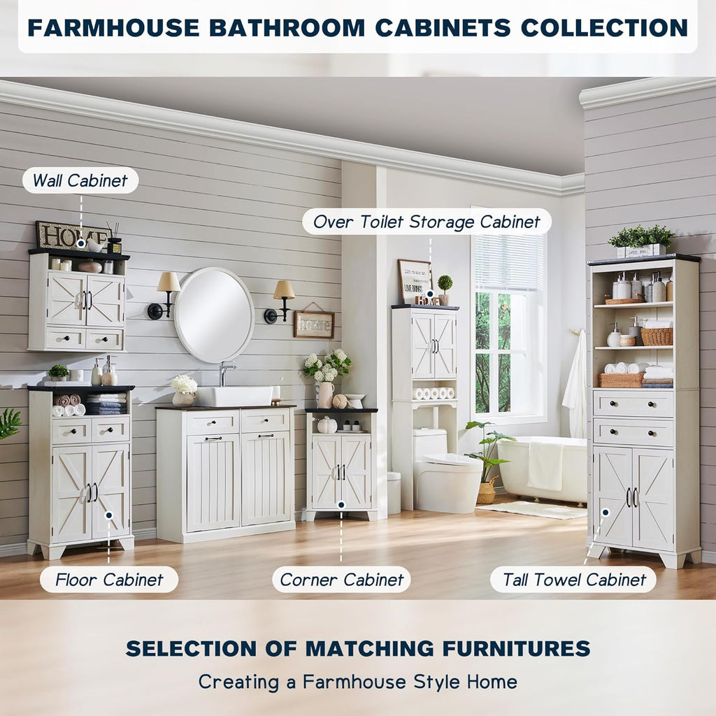 ACCOHOHO Bathroom Wall Cabinet, Farmhouse 24" Wide Medicine Cabinet with Drawer, Adjustable Shelf, Double Barn Doors, Storage Cabinets for Bathroom, Kitchen, Living Room, Off White