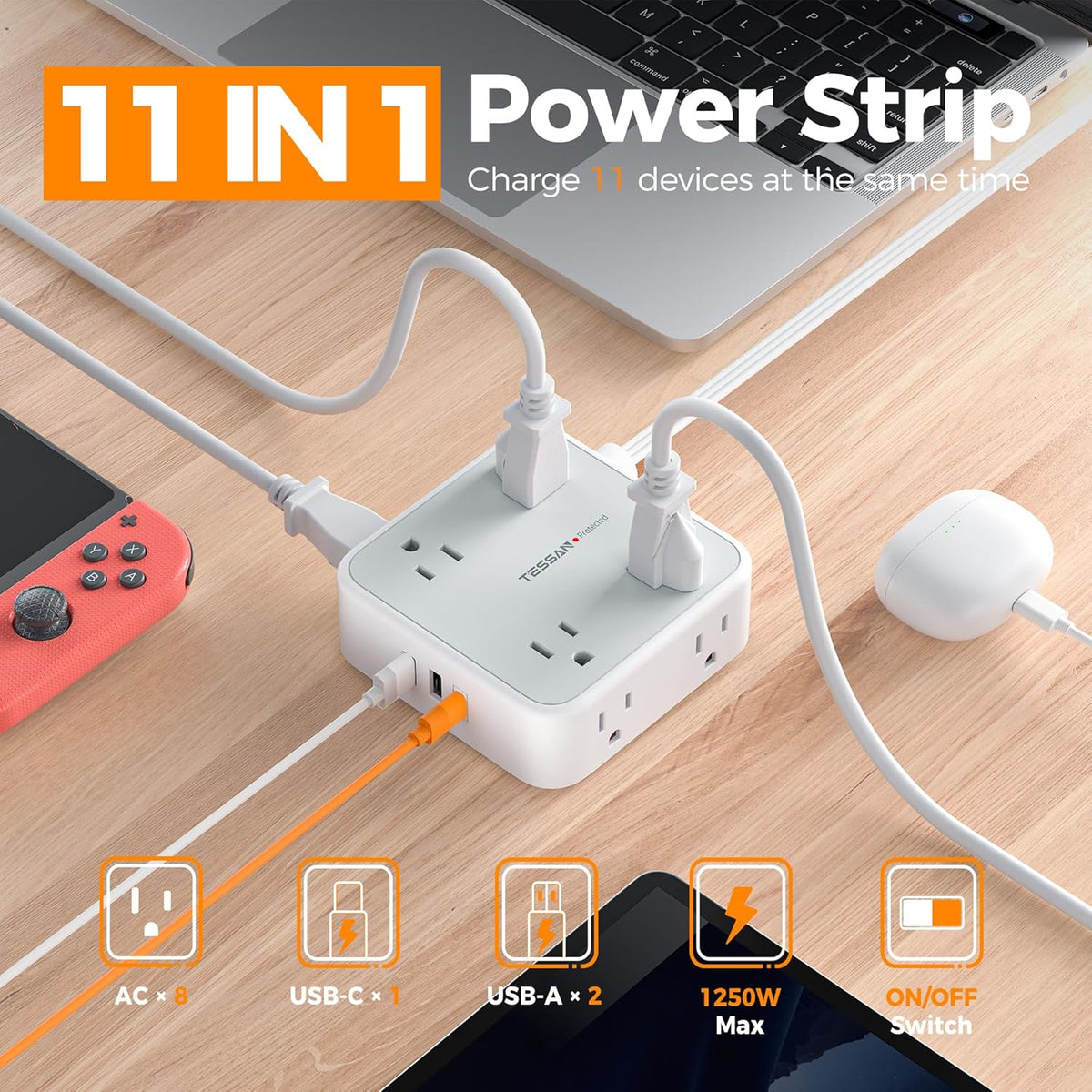 Surge Protector Power Strip, TESSAN 5 Ft Flat Plug Extension Cord with Multiple Outlets, 3 USB (1 USB C PD 20W), 8 Outlets, 900J Surge Protection, for Home, Office, Dorm Room Essentials, 1250W