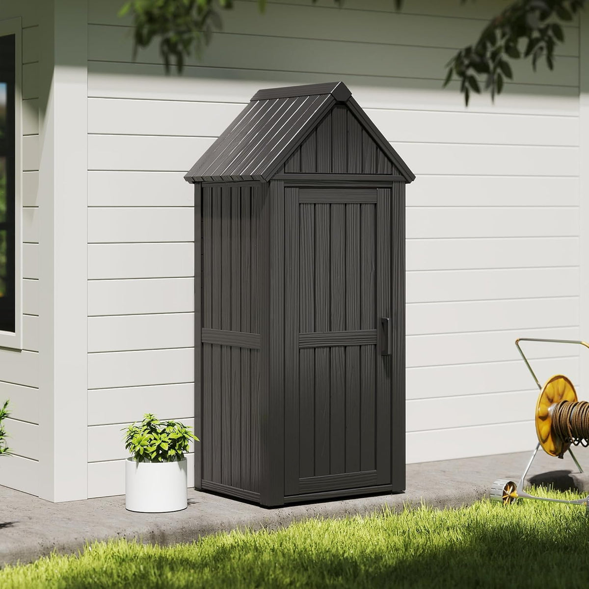 Storage Shed Outdoor,Waterproof Resin Garden Tool Shed, Heavy-Duty Weather-Resistant Cabinet for Patio, Backyard, or Garage (Deep Black)