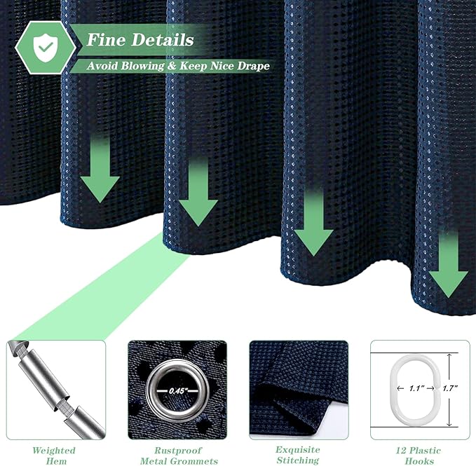 meioro Navy Blue Shower Curtain, Waffle Weave 256GSM Heavy Duty Textured Fabric Shower Curtains for Bathroom Hotel Spa, Luxury Weighted Polyester Cloth Bath Curtain Set with 12 Hooks, 72Wx78H