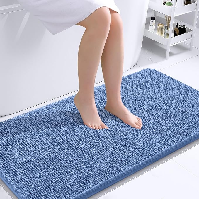 OLANLY Bathroom Rugs 44x24, Extra Soft Absorbent Chenille Bath Rugs, Rubber Backing Quick Dry, Machine Washable Bath Mats for Bathroom Floor, Tub and Shower, Home Decor Accessories, Cornflower Blue