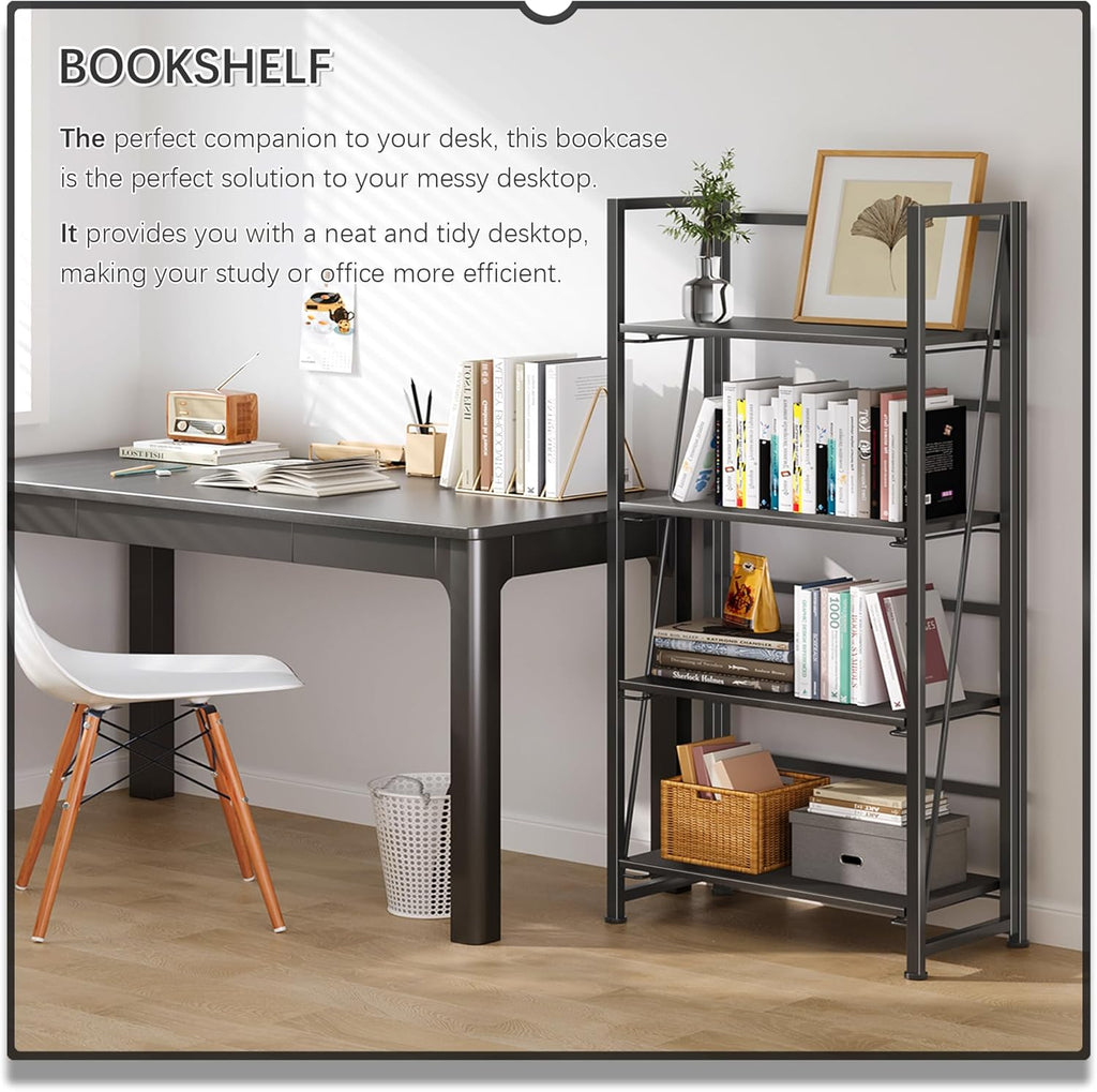 4NM No Assembly Folding Bookshelf Storage Shelves 4 Tiers Vintage Bookcase Standing Racks Study Organizer Home Office (All Black)