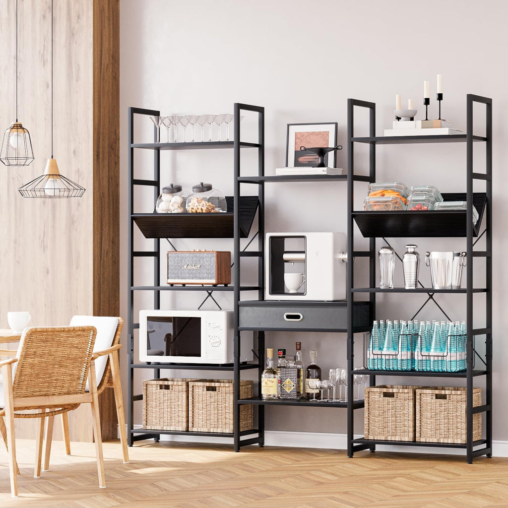 NUMENN Bookcases and Bookshelves Triple Wide 5 Tier Bookshelf, Large Etagere Bookshelf with Storage Drawer, Adjustable Open Display Shelves for Living Room, Bedroom, Home Office, Black