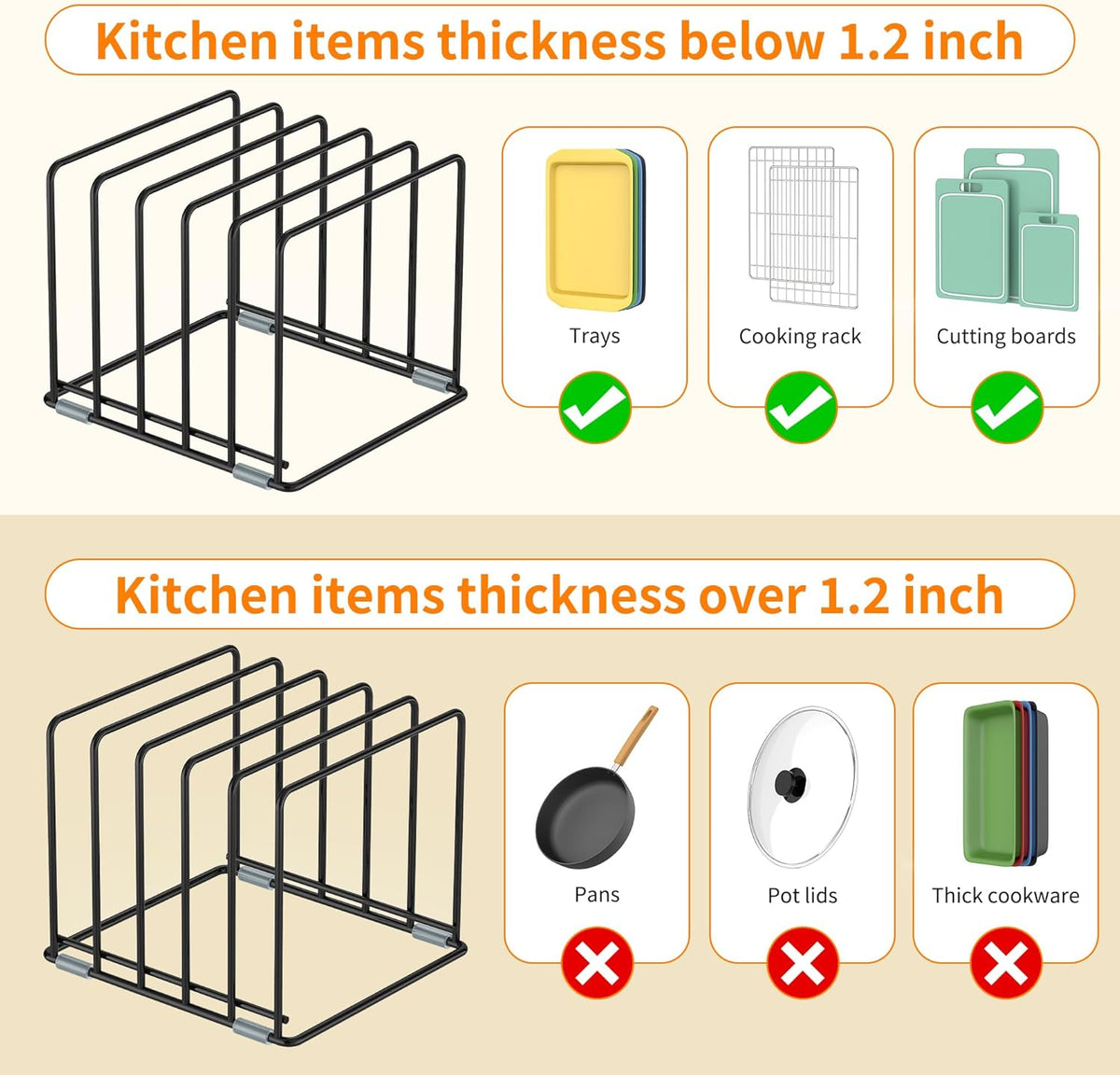 Cutting Board Organizer, [2-Pack] Kitchen Cabinet Organizer, Divided Rack with 5 Slots for Baking Trays, Cutting Boards - Cookie sheet Organizer Inside Cabinet, Baking Sheets Holder (Large)