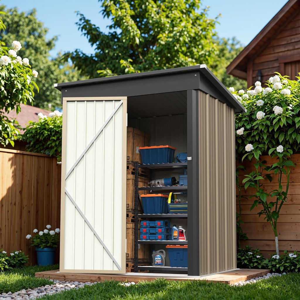 Greesum Outdoor Storage Shed 5 x 3 ft. Utility Tool Shed Metal Storage Garden Shed with Door & Lock for Patio Storage, Brown