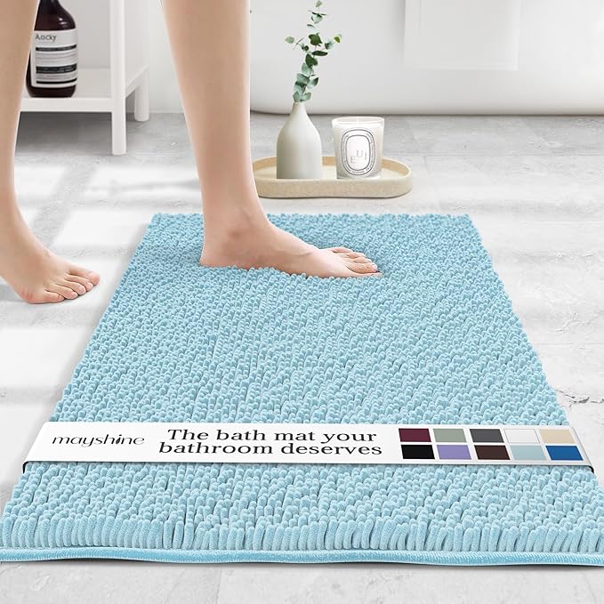 MAYSHINE Plush Shaggy Chenille Bath Mat | Extra Soft, Super Absorbent, Non-Slip Bathroom Rug | Fluffy Microfiber, Area Rug Sets for Bathroom Floor, Kitchen, Living Room | 24"x17" | Spa Blue