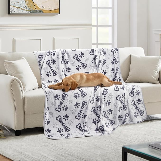 Gowyeg Large Dog Blanket, Soft Fleece Dog Blankets for Medium Dogs, 60X50 inches Fluffy Flannel Pet Cat Puppy Blanket Mat Cover for Bed Couch,Cute Flannel Bones and paw Print, Grey
