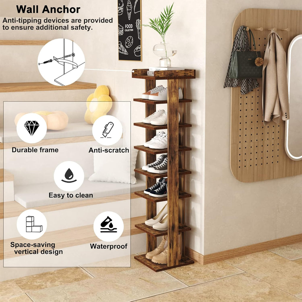 HOMEFORT 7-Tier Wood Shoe Rack, Entryway Shoe Tower,Vertical Shoe Organizer, Wooden Shoe Storage Stand, Rustic Brown