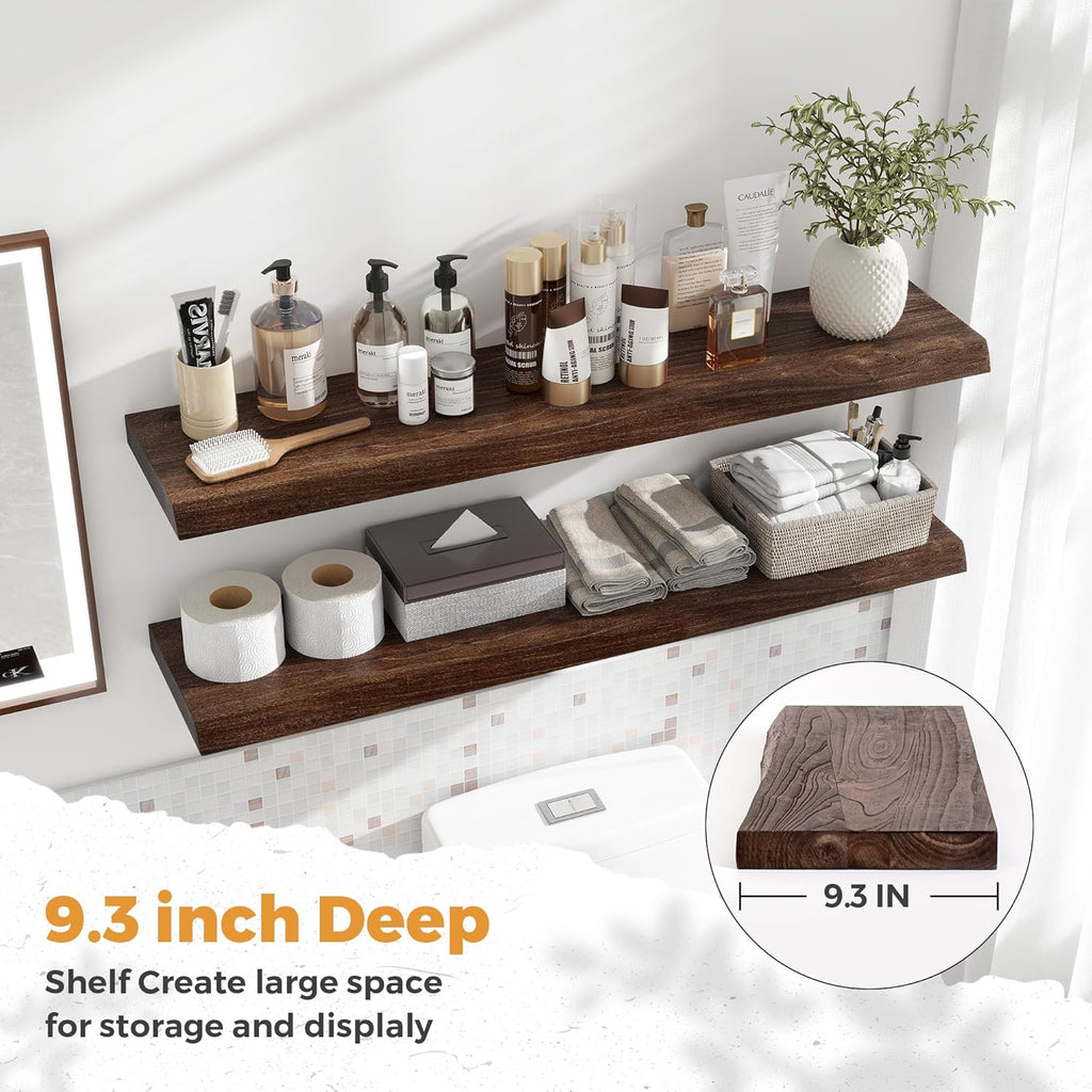 RICHFOCUS Live Edge Elm Floating Shelves - 40" W x 9.3" D Rustic Solid Wood Wall Shelves with Invisible Bracket, Wall-Mounted for Living Room, Bedroom, Kitchen Storage & Display, Set of 2, Walnut