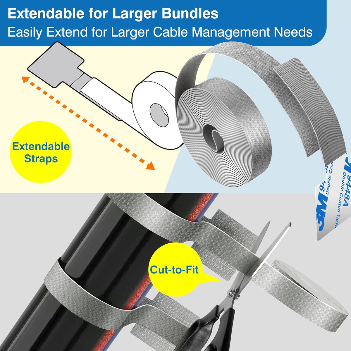 Cable Management Kit – 40 Self-Adhesive Hook and Loop Ties with 2 Extension Straps – Made with 3M Tape, Back-Sticky Cord Organizer for Under Desk, Wall, Home, Office – Adjustable Wire Holders