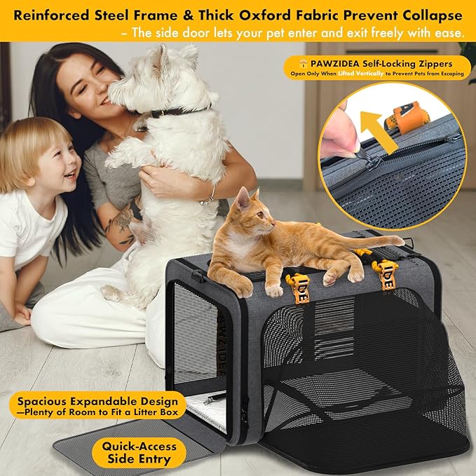 PAWZIDEA Large Pet Carrier Expandable, 24"×16"×16" Soft-Sided Cat Carrier for 2–4 Cats up 55lb, Portable & Collapsible Small Medium Dog Travel Crate for Car, XL Storage Pocket, ID Card, Shoulder Strap
