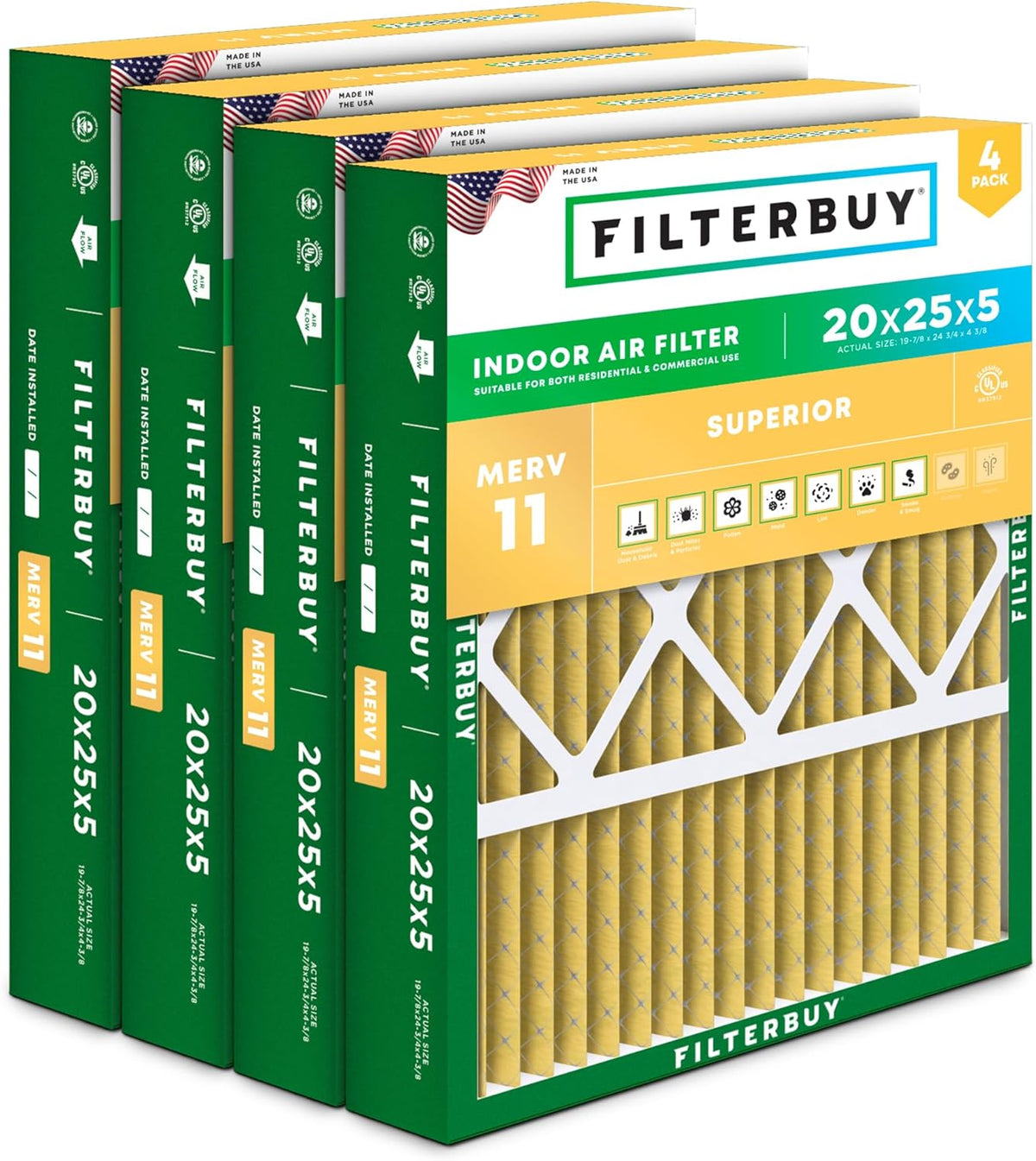 Filterbuy 20x25x5 Air Filter MERV 11 Superior Pet & Allergy Defense (4-Pack), Pleated HVAC AC Furnace Filters for Honeywell FC100A1037, Lennox X6673, and More (Actual Size: 19.88 x 24.75 x 4.38)