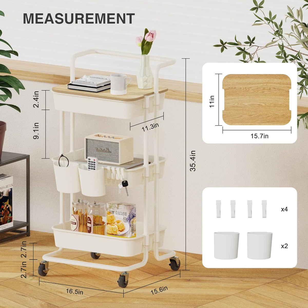 DTK 3 Tier Rolling Utility Cart with Cover Top Board, Movable Kitchen Storage Cart Trolley with Lockable Wheels, Cups, Hooks for Kitchen Bathroom Home Office Art Craft Storage and Organization(White)