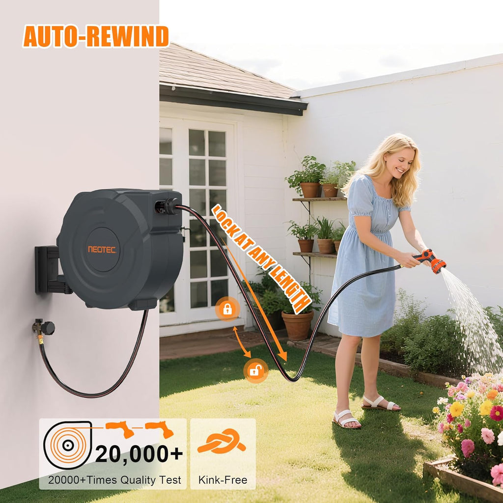 NEOTEC Retractable Garden Hose Reel 1/2 inch x 150ft - Wall Mounted Heavy Duty Hose Reel with 3/4 Inch Brass Fittings & 9-Pattern Nozzle - Auto Rewind System, Any Length Lock, 180° Swivel Bracket