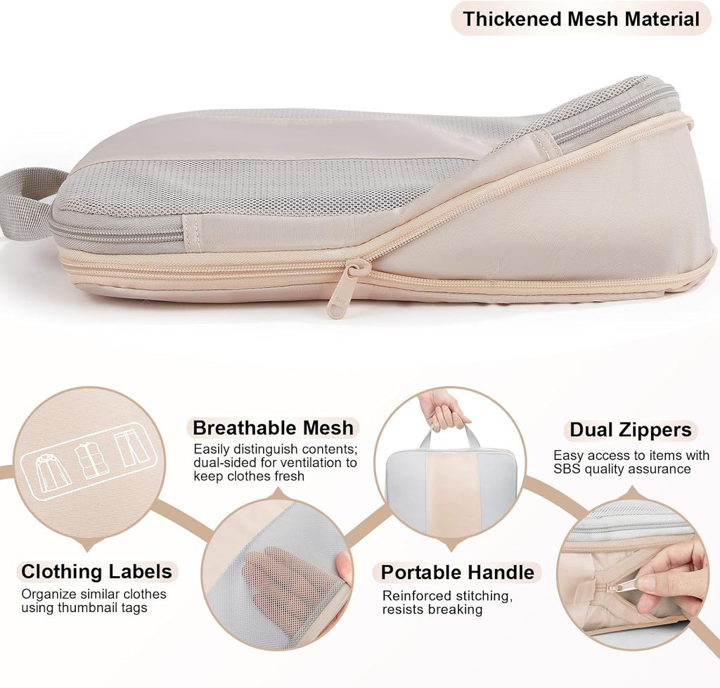 6 Set Compression Packing Cubes for Travel Essentials,Compressible Expandable Packing Cubes for Suitcase,OlarHike Luggage Organizer Bags for Travel,Handy Helper for Organizing Clothes(Beige)