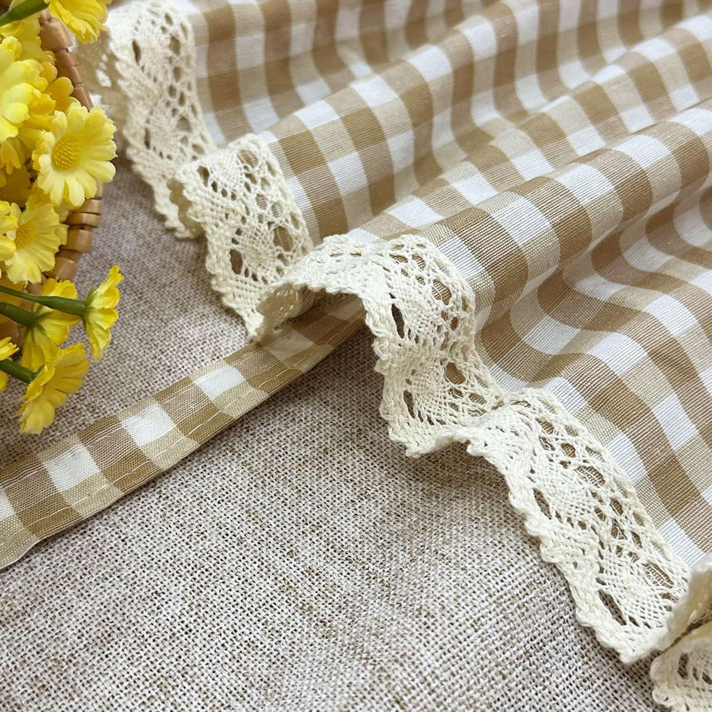 1 Panel Rod Pocket Tie Up Roman Curtain Khaki Gingham Lace Valance | Top Linen Blend Adjustable Lift Cafe Curtain, Light Filtering Privacy Short Window Curtain for Kitchen Farmhouse W55 x L63 in