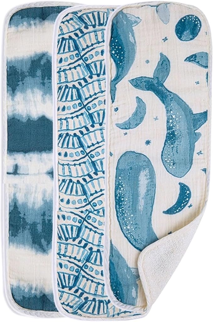 Crane Baby Muslin Burp Cloths, Nautical Theme Whale Design, Baby Boy Essentials, Cotton, Set of 3, 7" x 20" Blue Burp Cloth Set