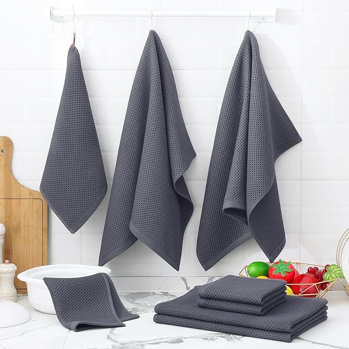 Homaxy 100% Cotton Kitchen Towels and Dishcloths Set, Large 12 x 12 Inches and 20 x 28 Inches, Set of 8 Bulk Kitchen Towels Set, Ultra Soft Absorbent Dish Cloths for Washing Dishes, Dark Grey