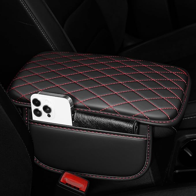 Center Console Cover for TSX: Armrest Cover for Car with 2 Storage Bags - Scratch & Wear Resistant & Waterproof Leather Console Cover,Anti-Scratch Auto Armrest Pad Accessory （Black&Red