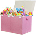 122L Large Toy Box Chest with Lid, Foldable Toy Storage Organizer Bin Boxes with Removable Divider for Kids, Boys, Girls, Nursery, Playroom, 26"x17" x17"(Linen Pink)