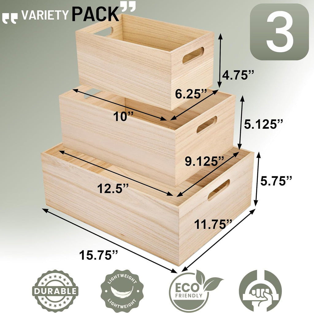 Sorbus Unfinished Wood Crates - Organizer Bins, Wooden Box for Pantry Organizer Storage, Closet, Arts & Crafts, Cabinet Organizers, Containers for Organizing (3 Pack)