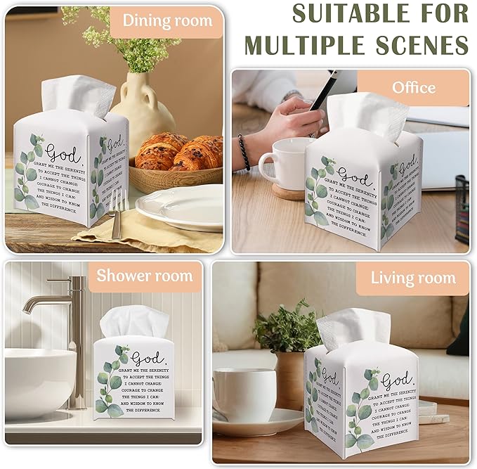Christian Decorative Tissue Box Cover Square, Leather Facial Paper Organizer, God Inspirational Quote Gift Ideas for Friends, Eucalyptus Print Decor for Bathroom Office-(5.2 Inches)