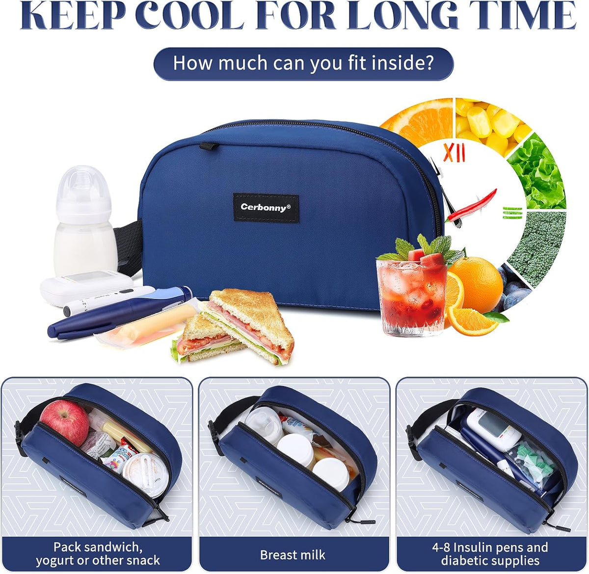 Cerbonny Reusable Lunch Bag, Freezable Insulated Cooler Bag, Leak-Proof, Portable, Navy Blue, 2.5L, 5x9x4 inches