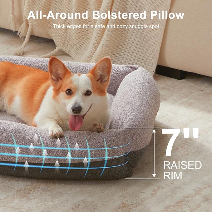 FURTIME Washable Dog Bed Medium Size Dogs, Rectangle Comfy Fluffy Medium Dog Bed, Removable Zipper Cover Machine Wash, Soft Orthopedic Bed Durable Pet Cuddler with Anti-Slip Bottom, 25"x21"x7", Grey