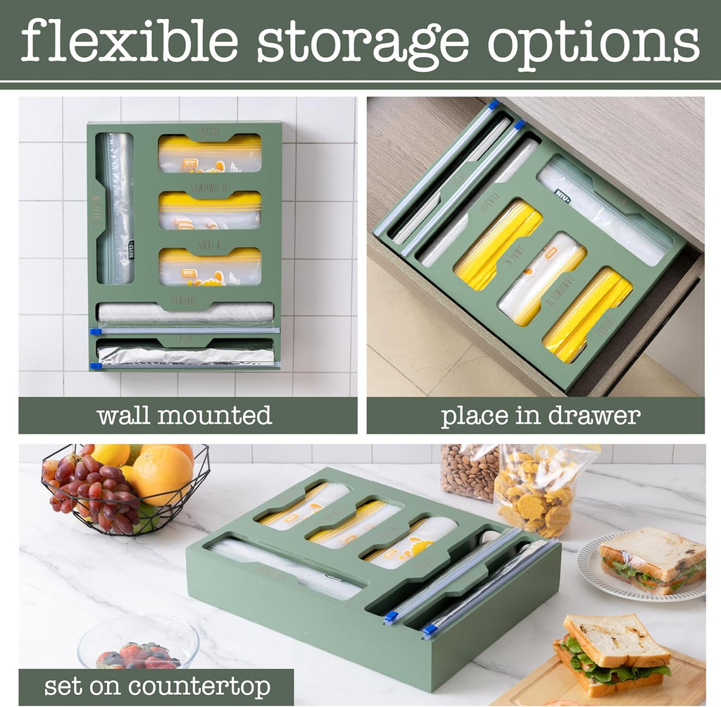 Rae Dunn Bamboo Bag Organizer for Kitchen Drawer - Durable Wood Organizer for Kitchen Storage - Holds Gallon, Quart, Snack, Sandwich Size Baggies, Plastic Wrap and Foil