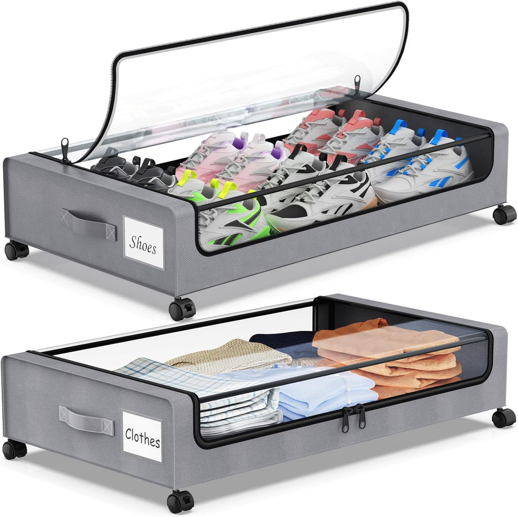 Under Bed Storage with Wheels, 2-Pack Underbed Storage Containers with Clear Lids, Under Bed Shoe Storage Organizer Bins, Rolling Under Bed Storage for Clothes Shoes Blankets (Grey)