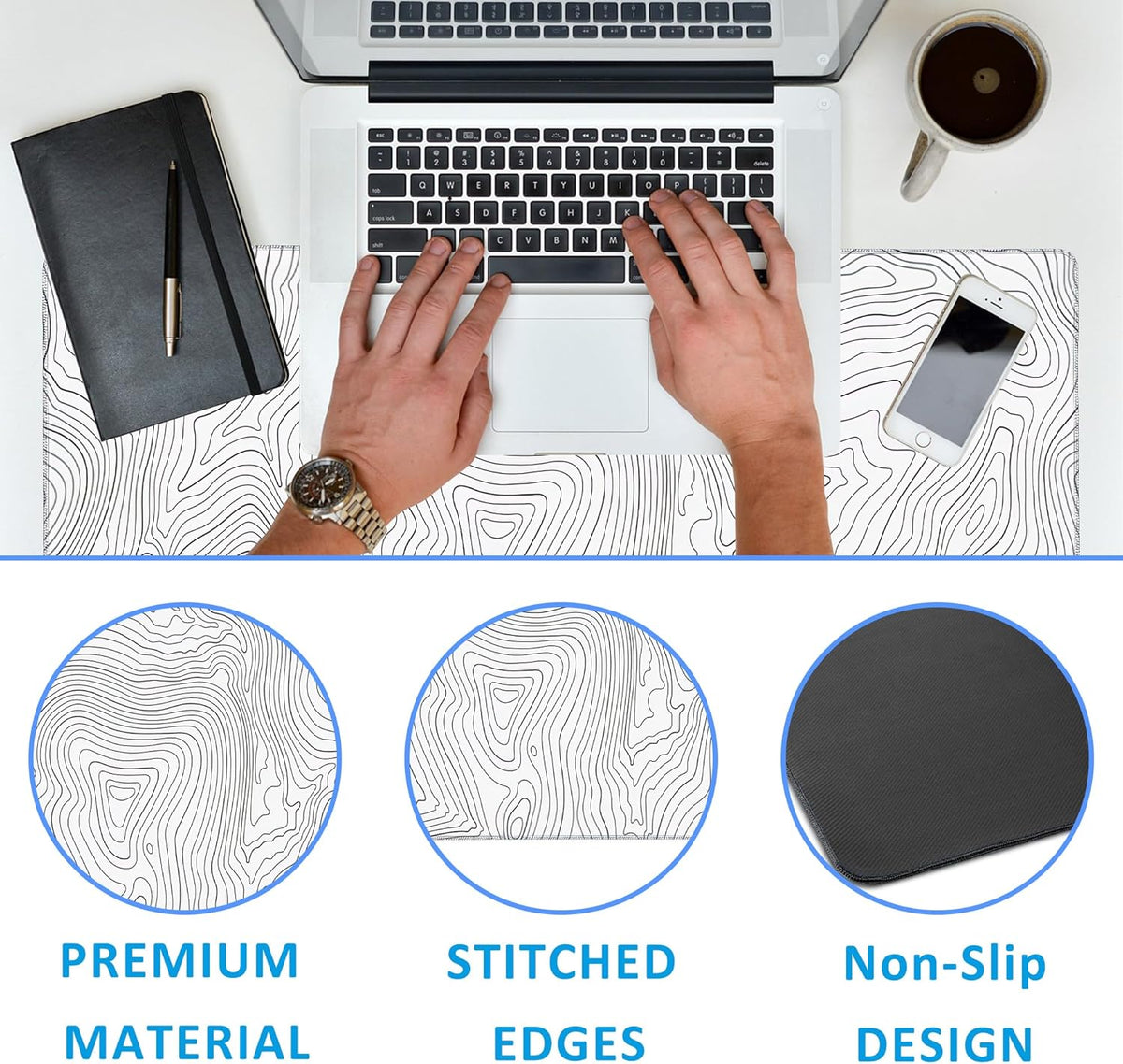 Mouse Pad,Topographic Line Desk Mat for Desktop,Desk Pad with Non-Slip Base and Stitched Edge,Extended Mousepad for Office and Home 35.4X15.7 Inch
