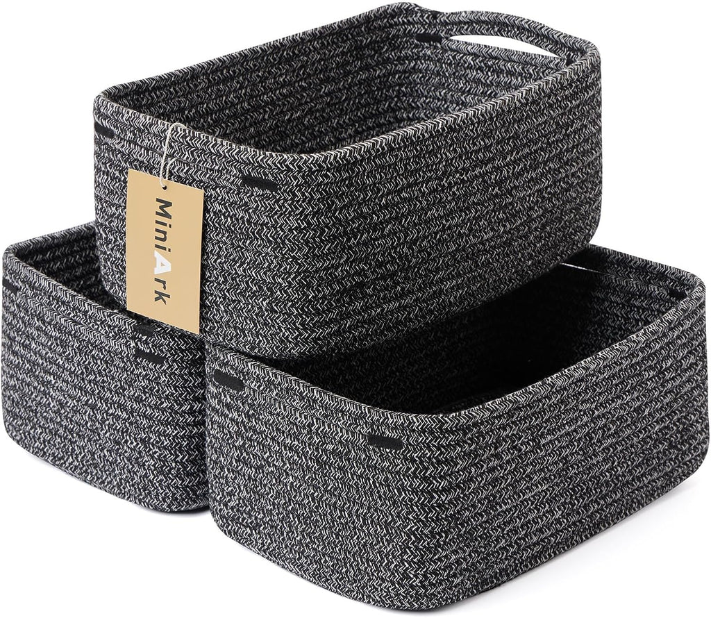 Small Storage Baskets for Organizing | Closet Organizer Bins | Shelf Toy Basket | Woven Rope Baskets | Cube Decorative Box | Shallow Basket | 13x8.5x5.1” | 3 Packs Dark Gray