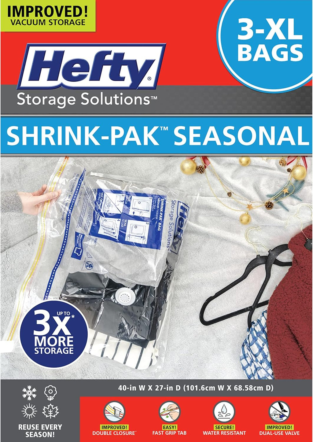 Hefty Shrink-Pak - 3 Extra Large Vacuum Storage Bags for Clothes, Pillows, Towels, or Blankets - Space Saver Vacuum Sealer Bags Ideal Under Bed Storage Solutions